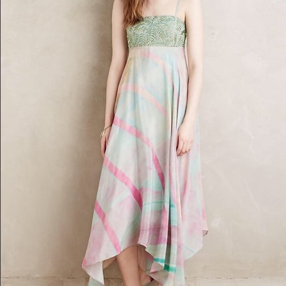 Sabine by Floreat Anthropologie Pastel Beaded Dress in Sage and Pink - Picture 2 of 7